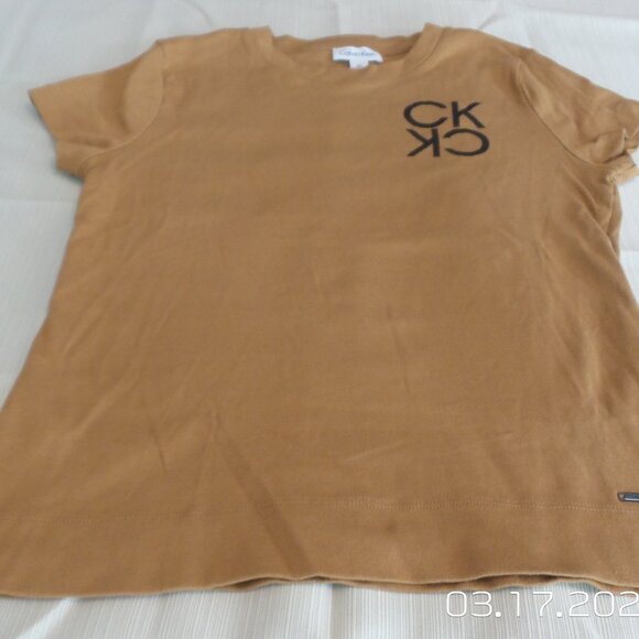 CALVIN KLEIN Women's Beige/Light Brown Short Sleeve Top Size Medium Like NEW - Picture 4 of 15